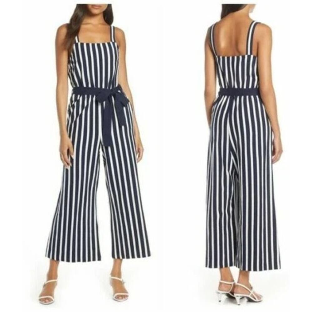 J. Crew Womens Striped Wide Leg Cropped Jumpsuit Size 4 Classic Preppy Nautical